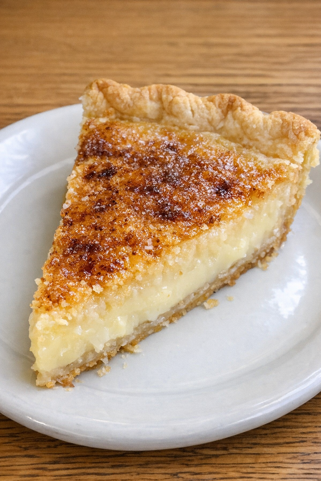 Finished sugar cream pie slice on a white plate