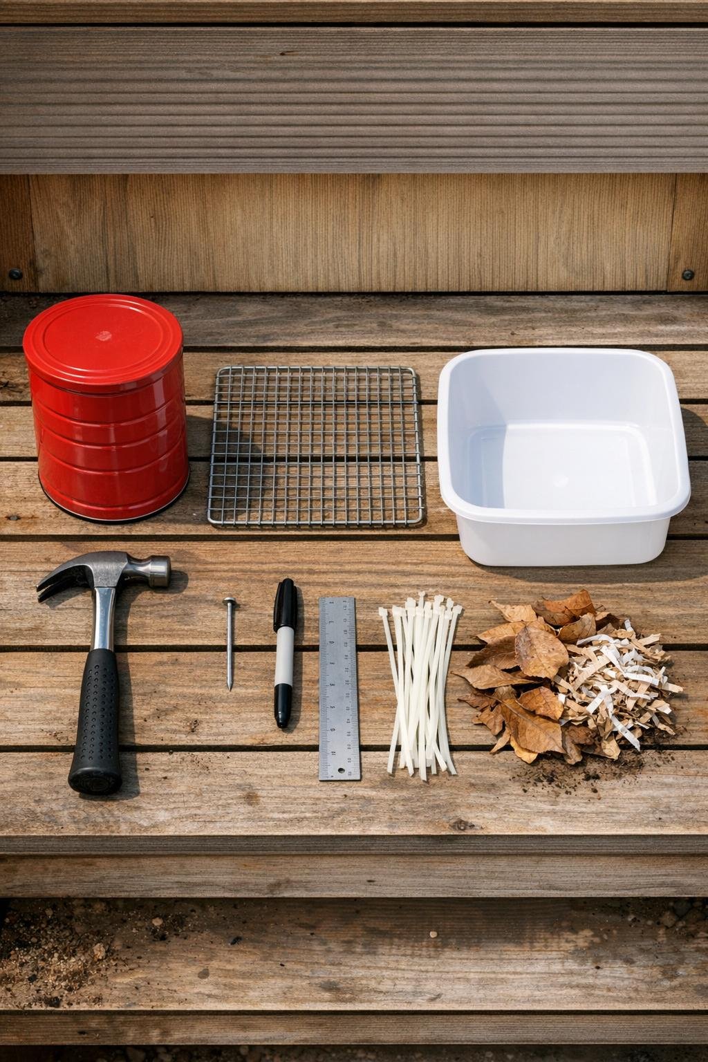 Materials for a small compost tumbler laid out on a potting bench