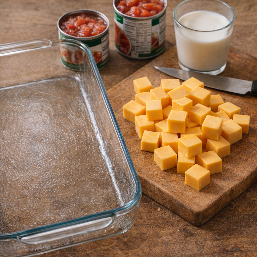 Cubed cheese and casserole dish ready for Rotel dip
