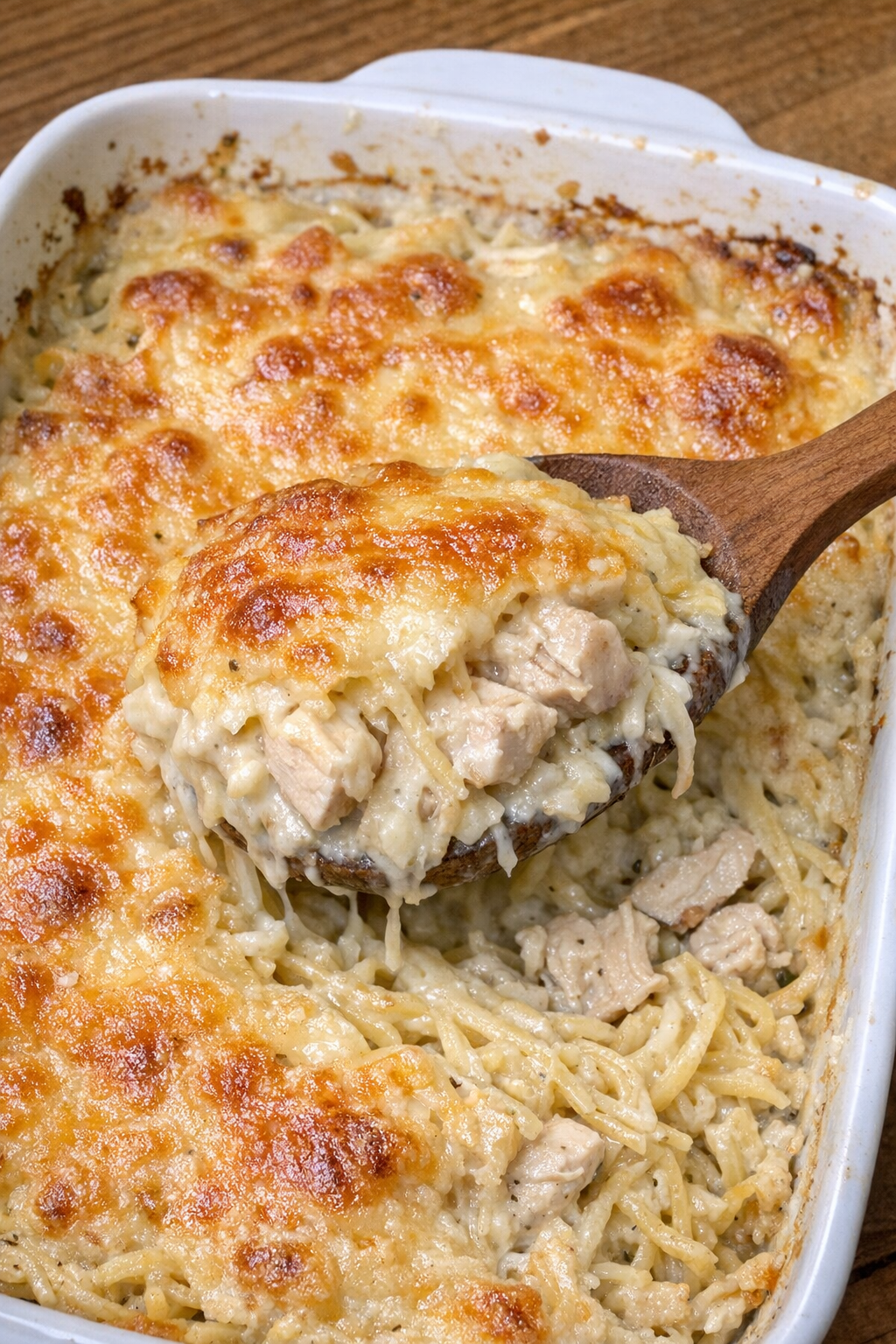 Creamy chicken and pasta casserole in a white ceramic dish