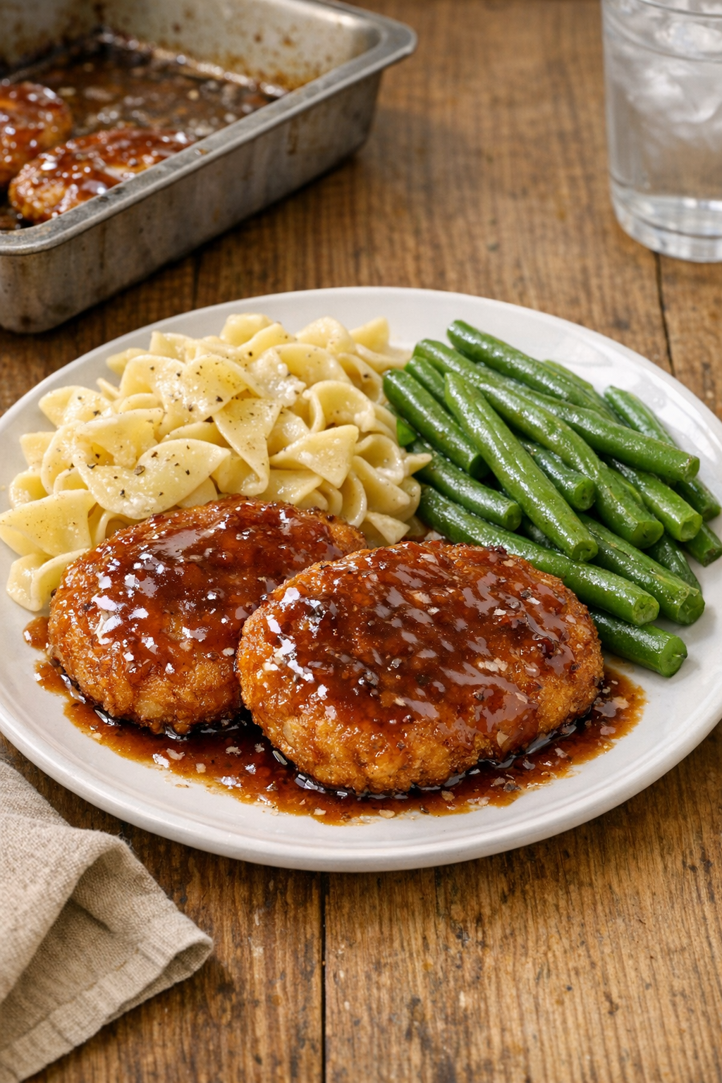 Baked glazed chicken patties plated with classic sides