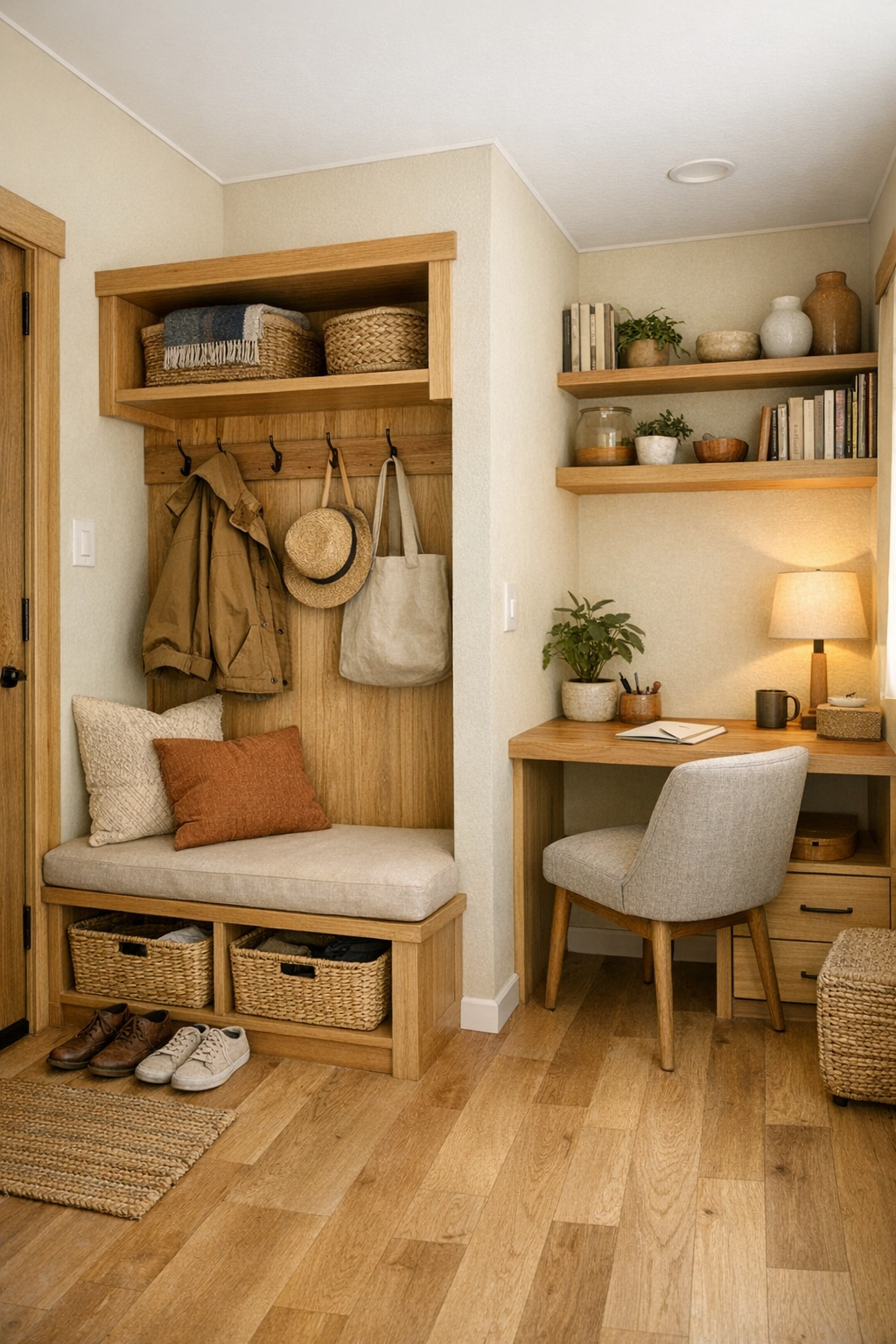 Tiny home entry and flex nook with built-in bench and light wood storage