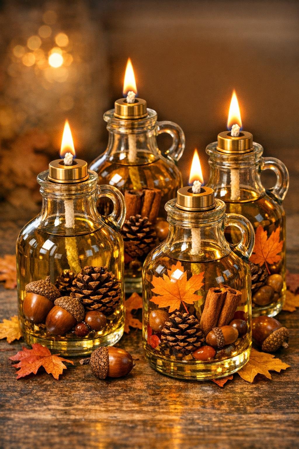 Finished set of four autumn oil lamps made from syrup bottles