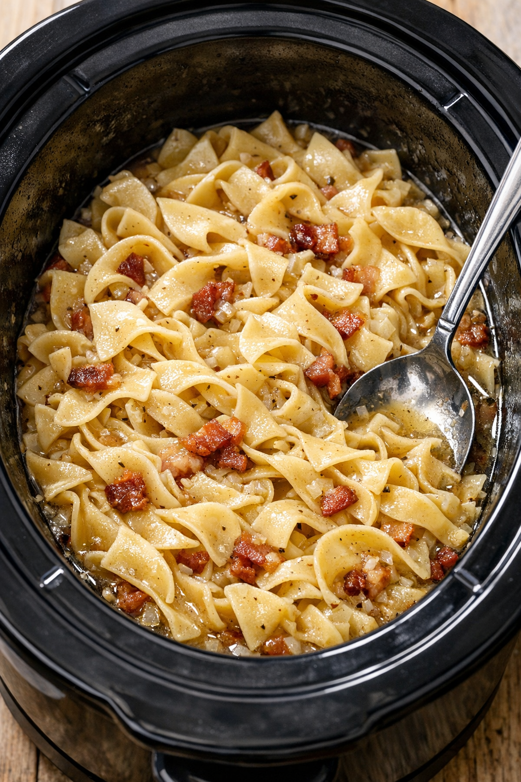 Tender noodles cooking in the slow cooker