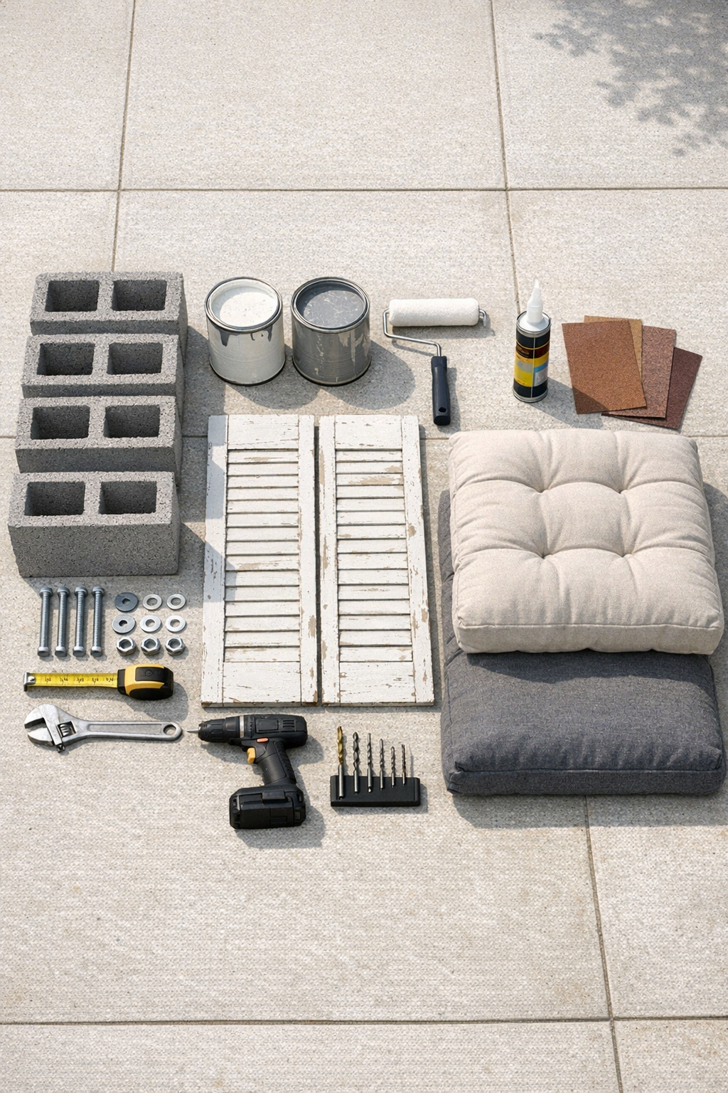All materials for the outdoor daybed laid out together
