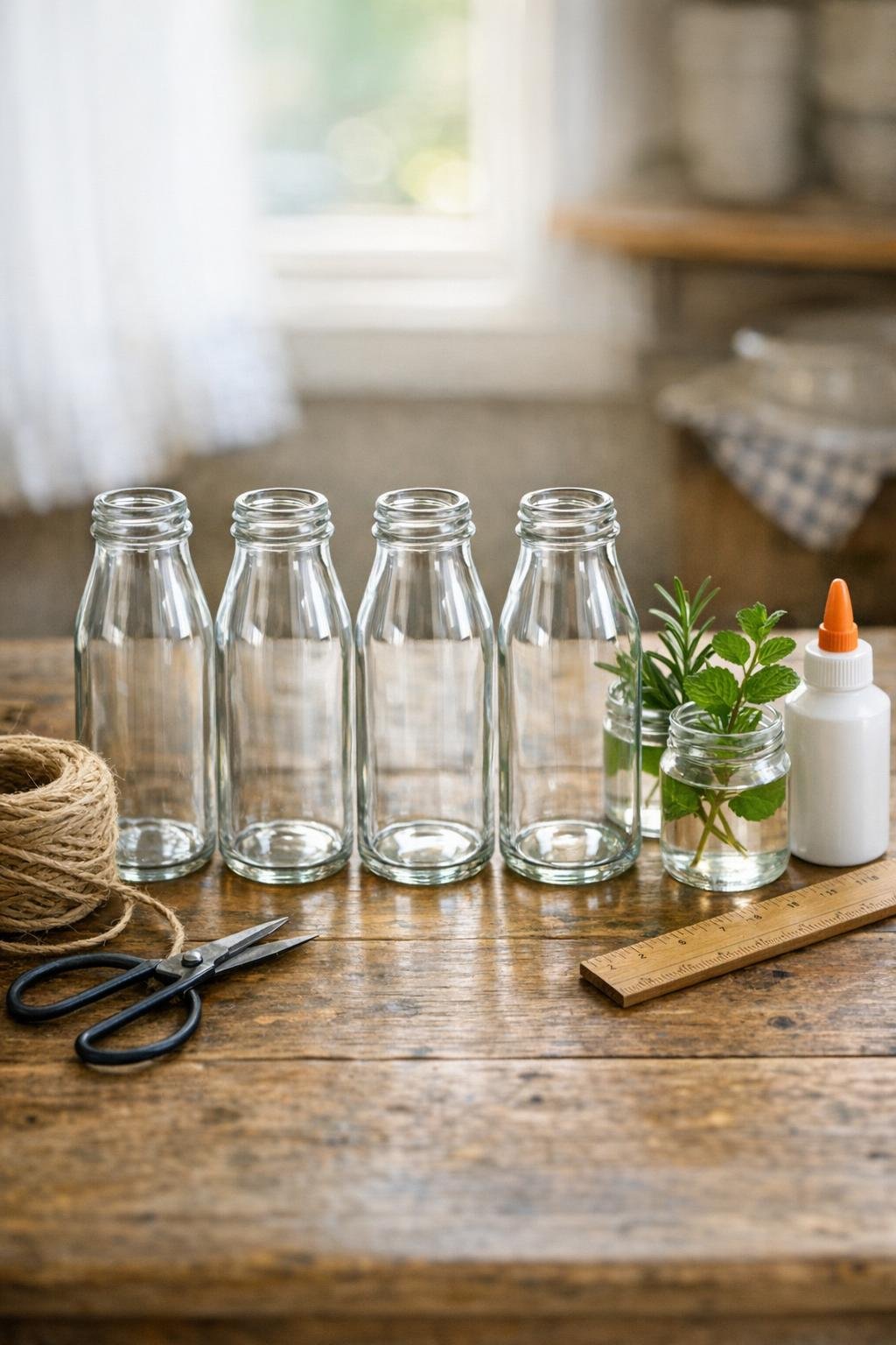 Materials for a four-bottle fall herb display laid out neatly on a table