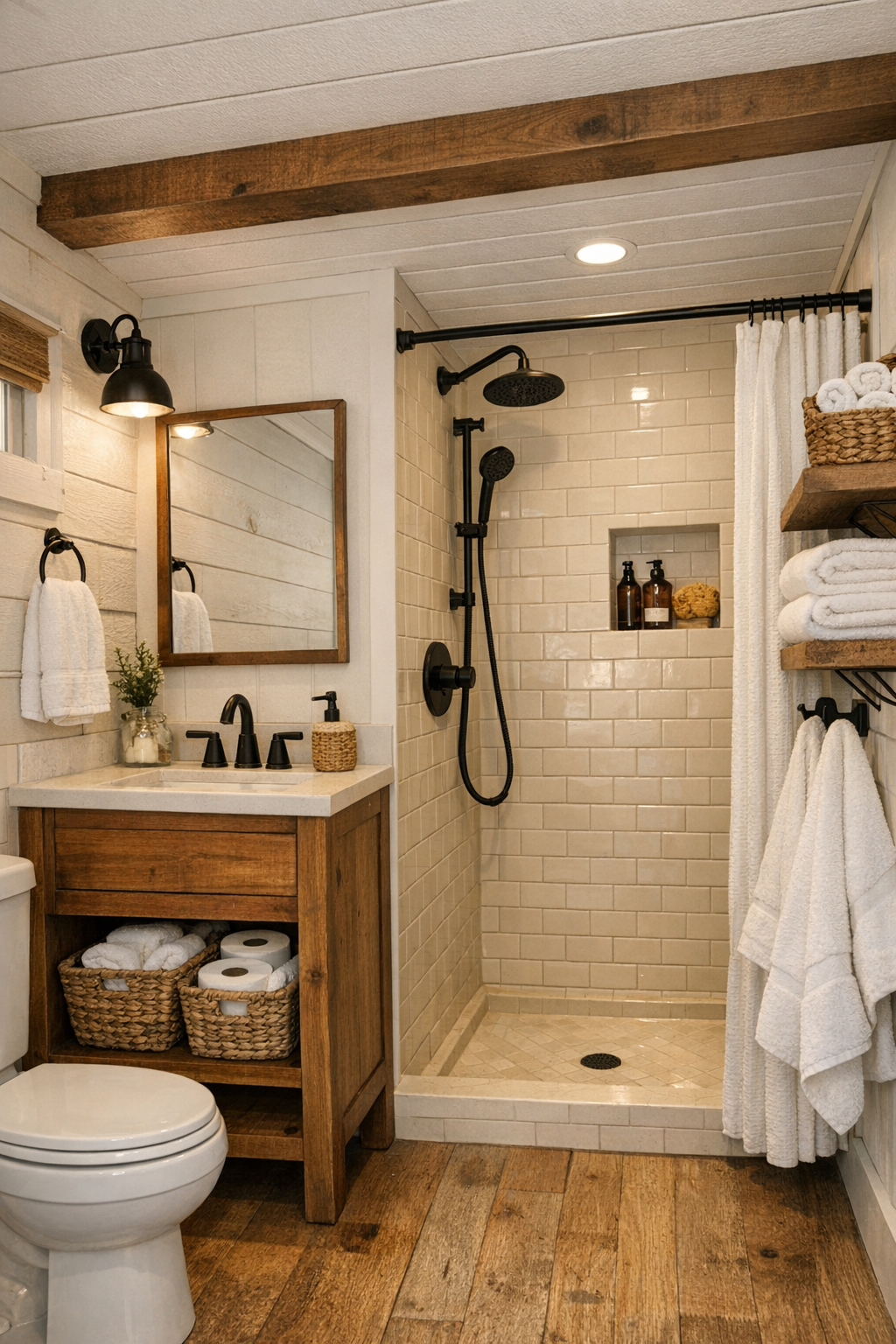 Compact elegant tiny home bathroom with warm wood vanity, tiled shower, and black fixtures