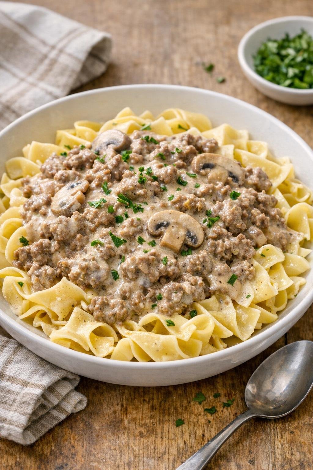 Finished creamy beef dinner plated over egg noodles