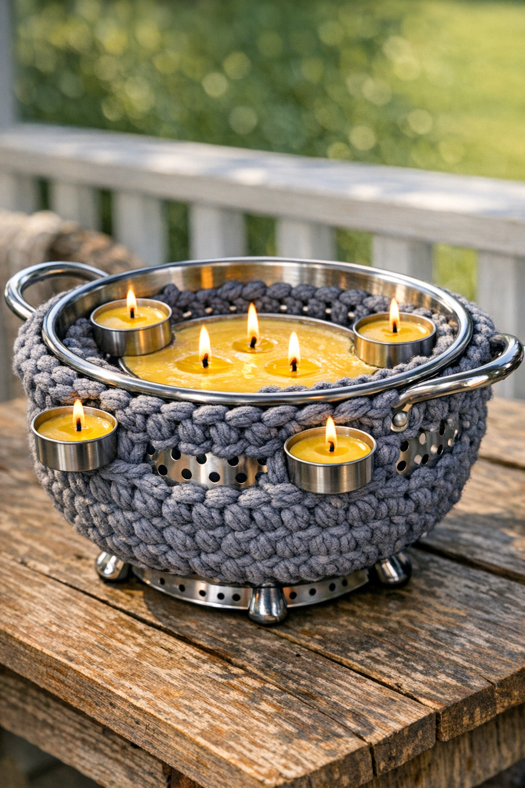 Finished crocheted colander citronella candle holder for outdoor use
