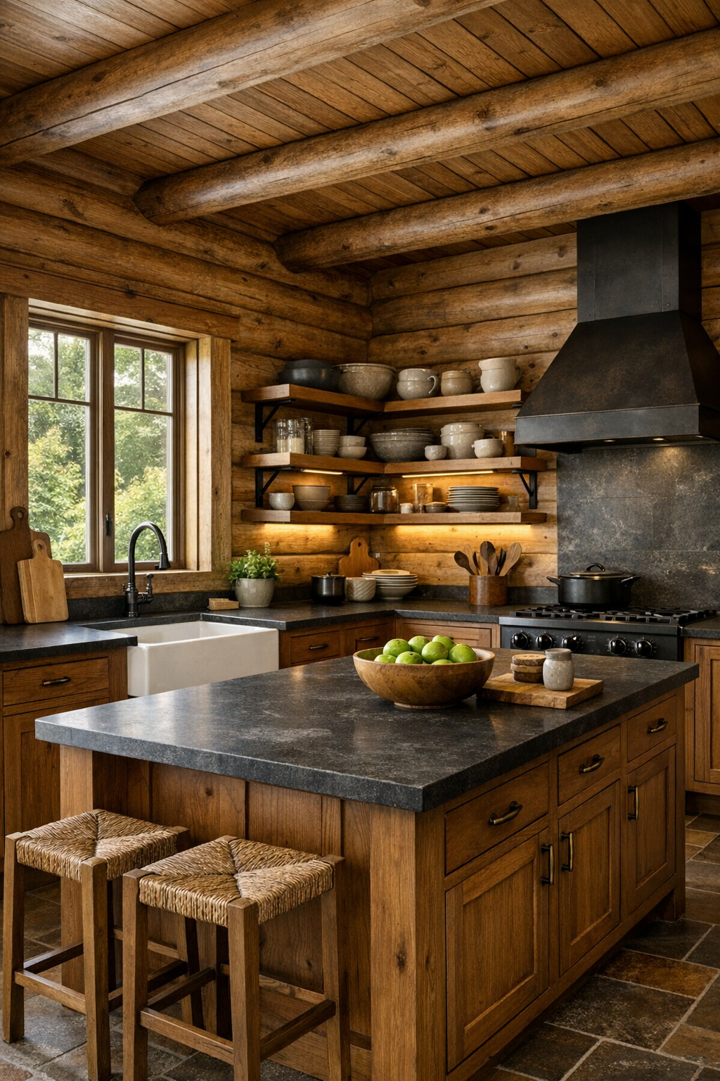 Amish-crafted log home kitchen with wood cabinetry and dark stone counters