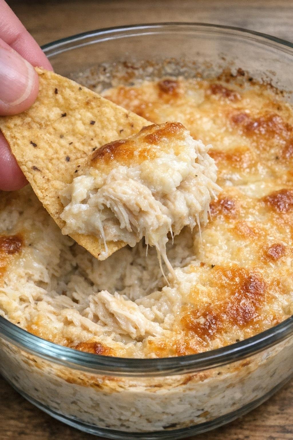 Chicken McClain dip in a glass bowl with a tortilla chip scooping it
