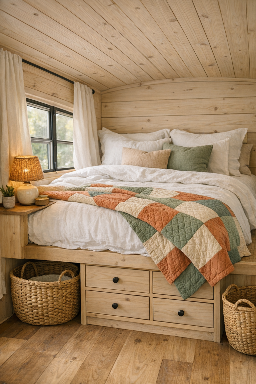 Peaceful bus bedroom with raised platform bed, white linen bedding, and soft wood finishes