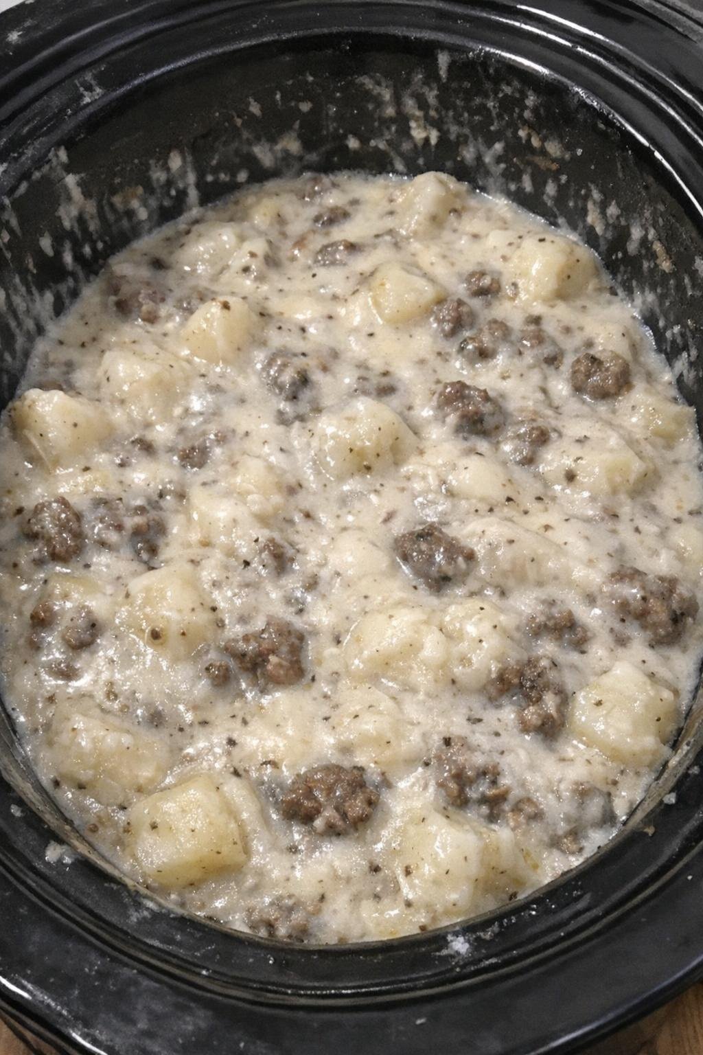 Finished slow cooker creamy potato and beef dish