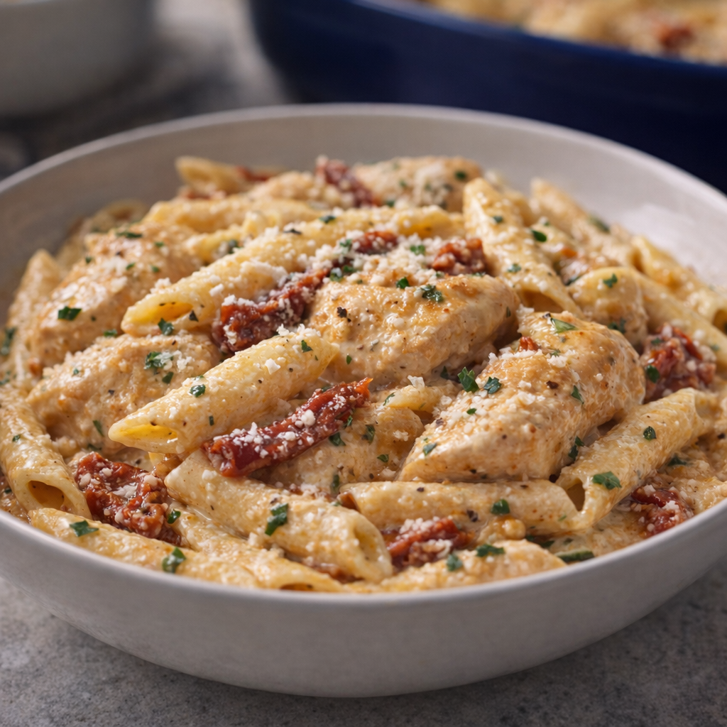 Served bowl of creamy chicken pasta with Parmesan and sun-dried tomatoes