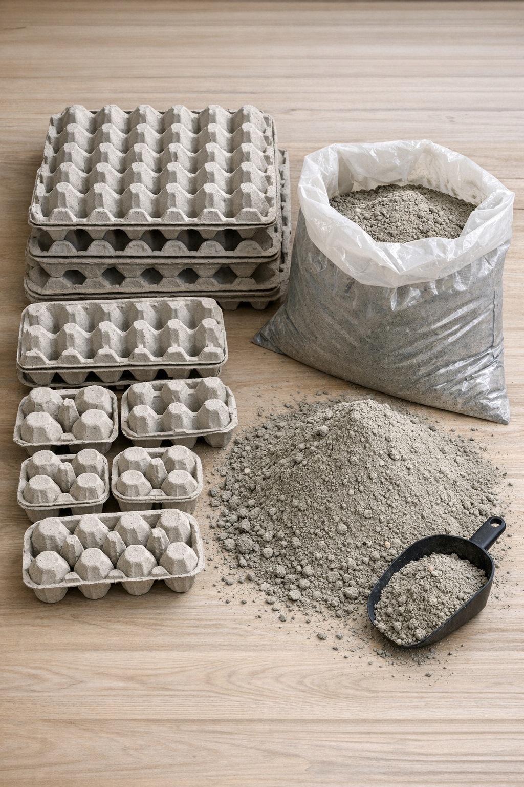 Cardboard egg cartons and dry cement mix laid out for the project
