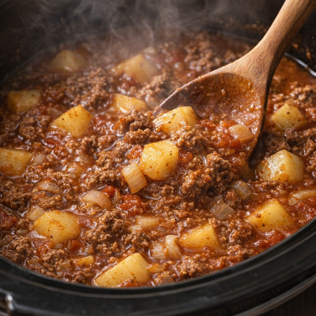 Cooked mulligan stew being stirred inside the slow cooker