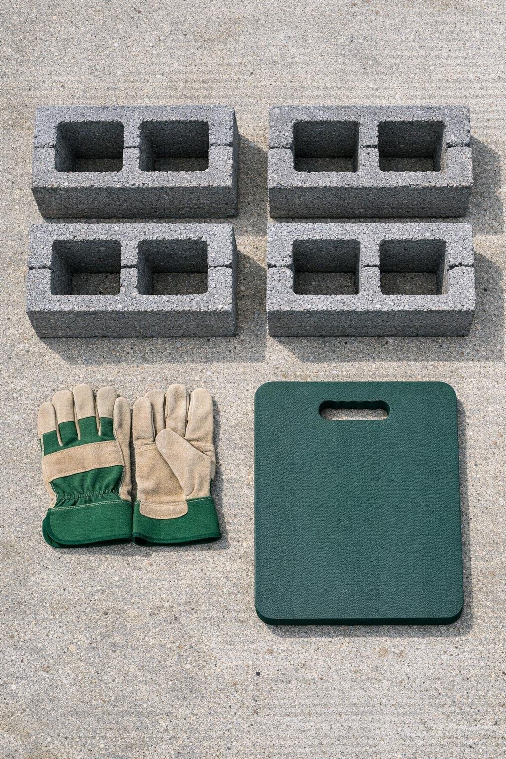 Materials laid out for the cinder block garden kneeler