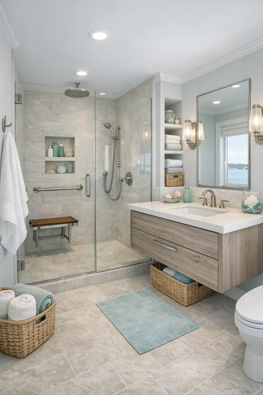 Accessible bathroom with curbless shower and pale stone tile