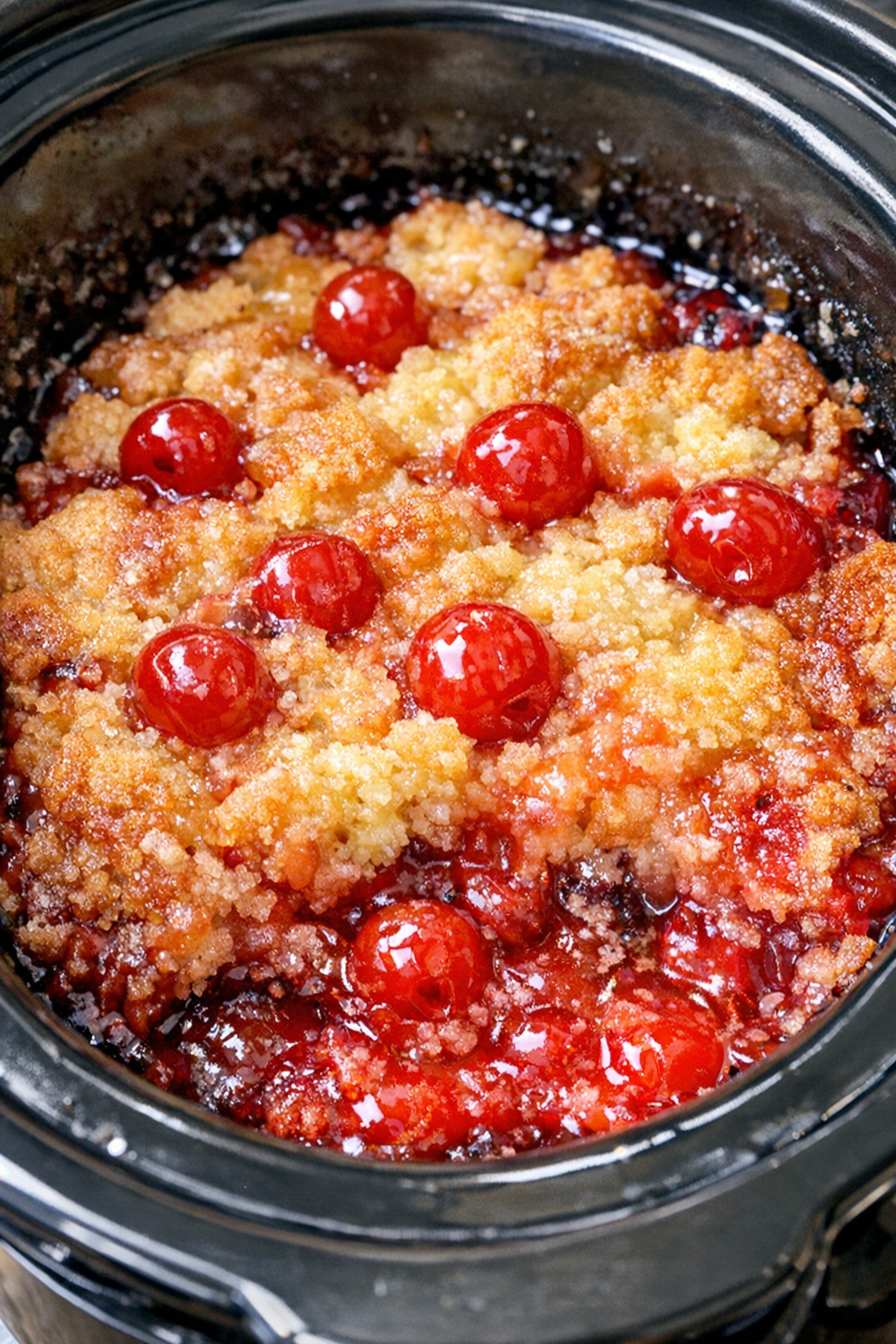 Slow cooker Shirley Temple dump cake in a black slow cooker