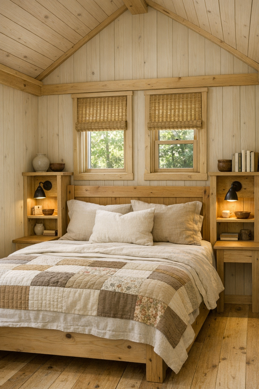 Serene tiny home bedroom with a natural wood bed, layered linens, woven textures, and soft built-in lighting