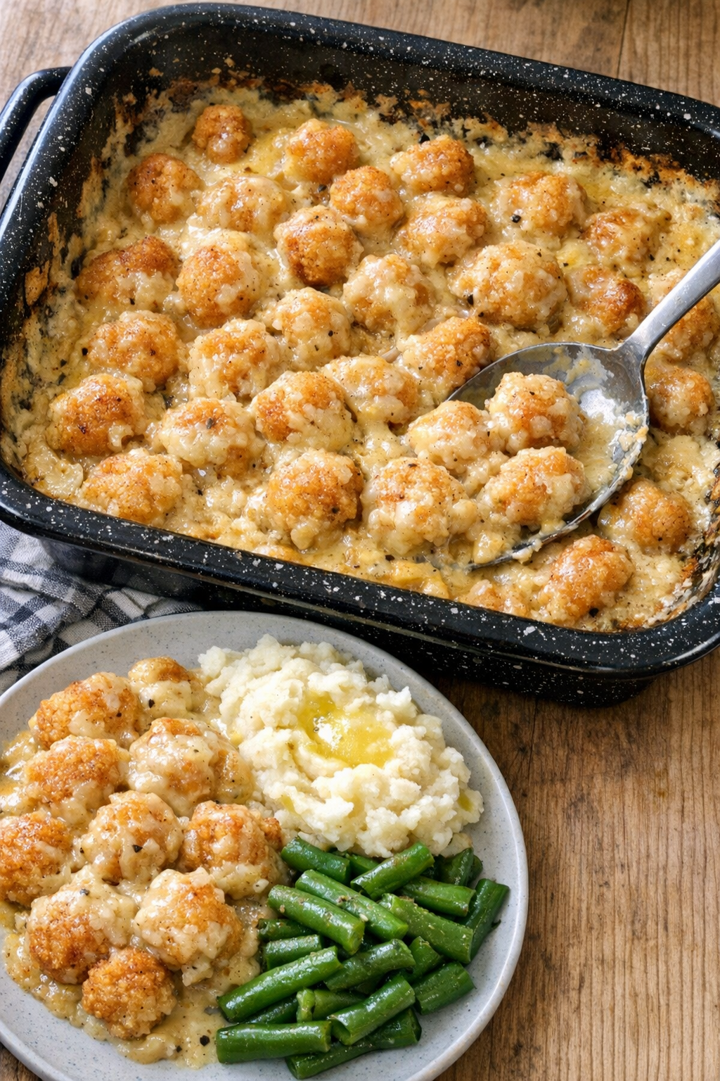 Finished creamy baked popcorn chicken in an enamel roasting pan
