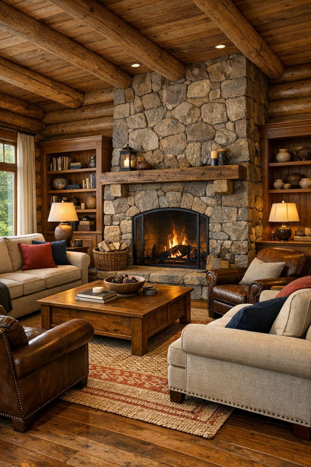 Warm log home living room with stone fireplace and handcrafted wood built-ins