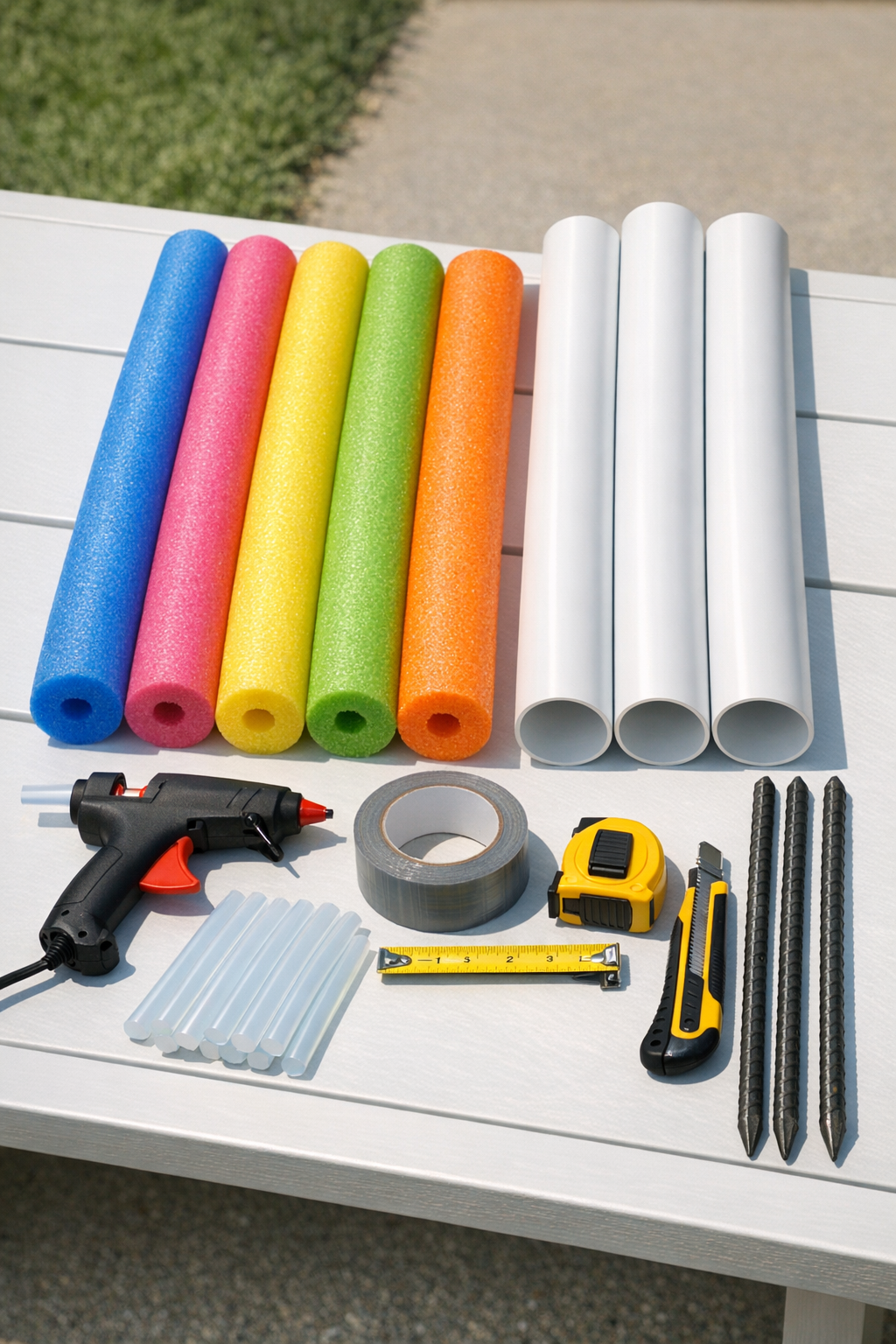 Materials for giant backyard lollipops laid out neatly on a work surface