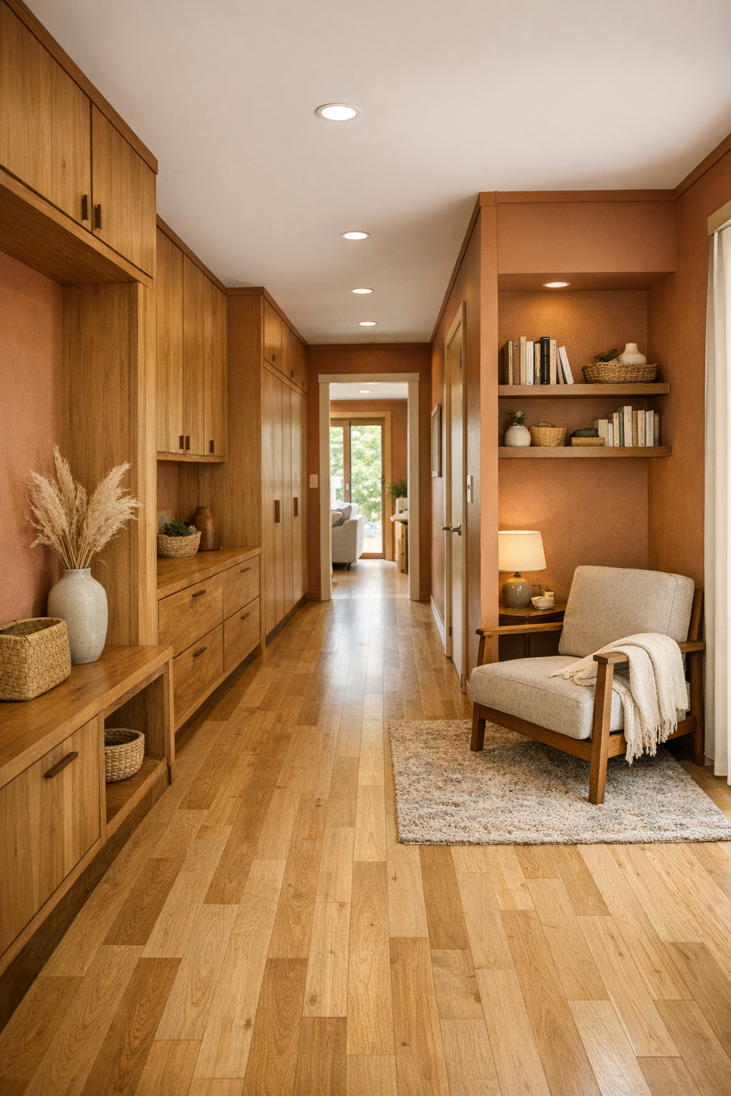 Bright hallway and reading nook with built-in storage in an accessible container home