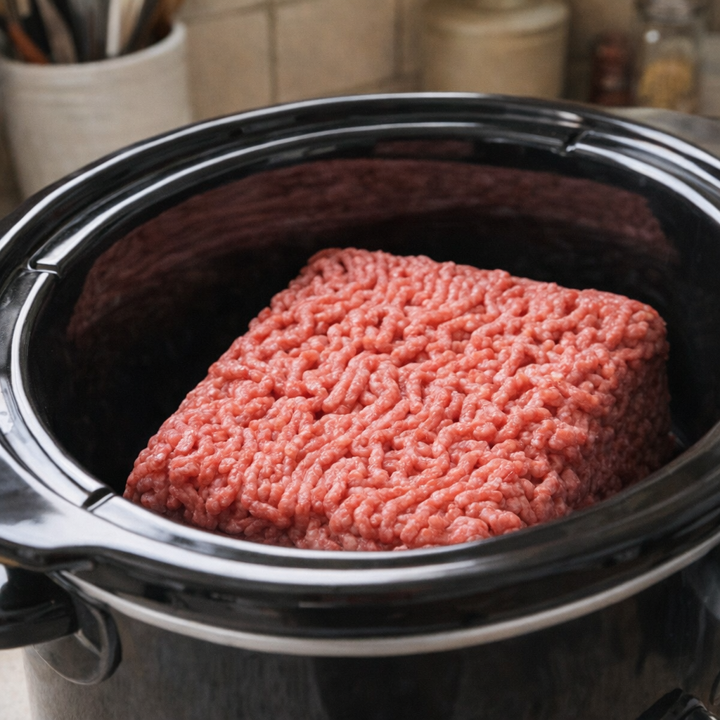 Ground beef block in a slow cooker insert