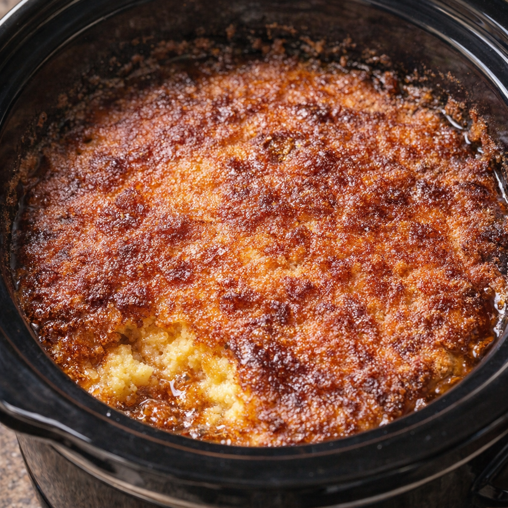 Finished caramel dump dessert inside the slow cooker