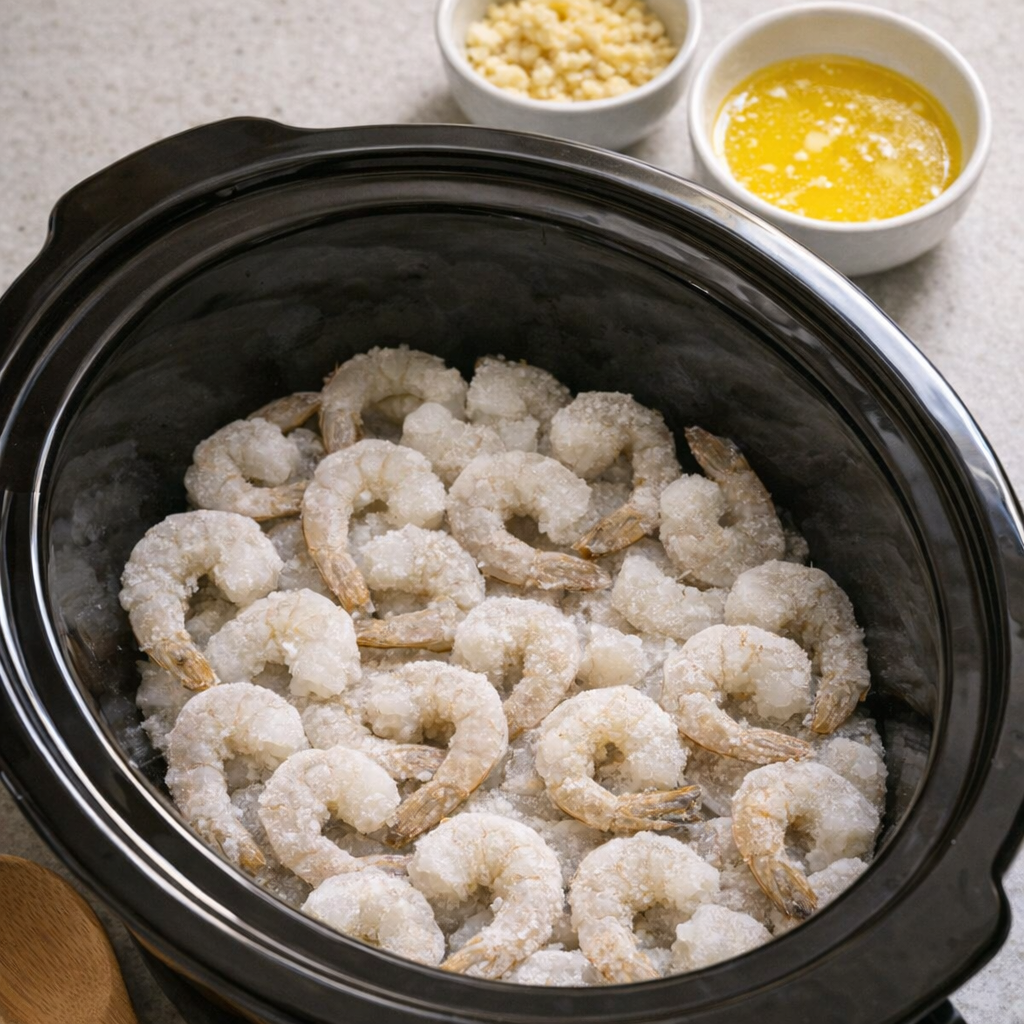 Frozen shrimp in a slow cooker before cooking