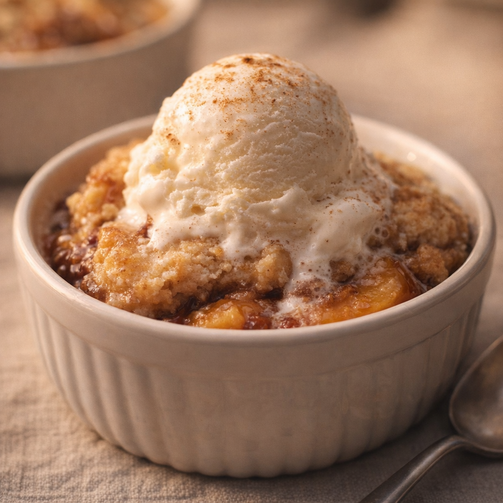 Bowl of cobbler topped with vanilla ice cream