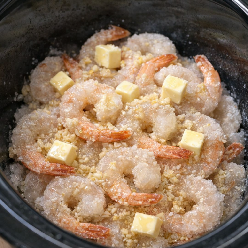 Butter and garlic layered over frozen shrimp