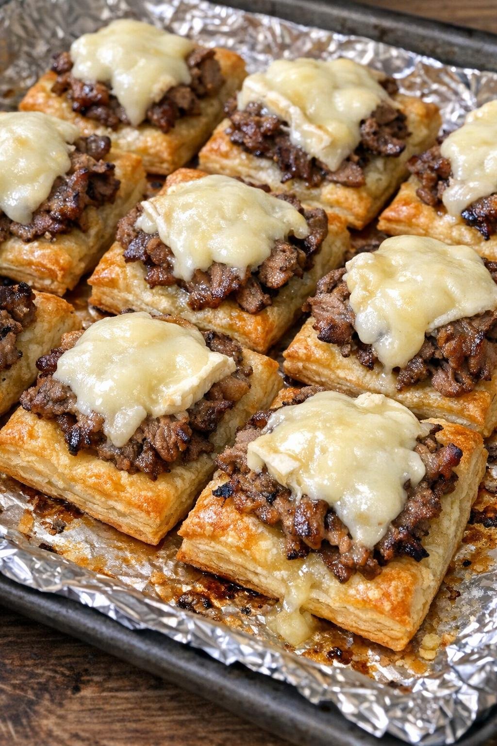 Close-up of baked beef and brie bites