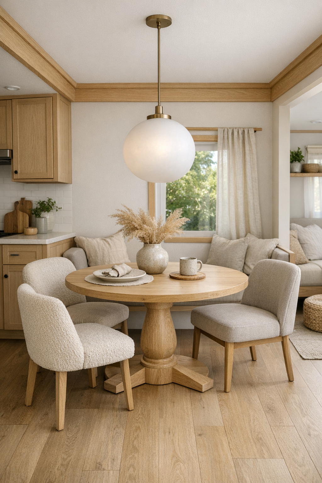 Small accessible dining area with round wood table and soft neutral finishes