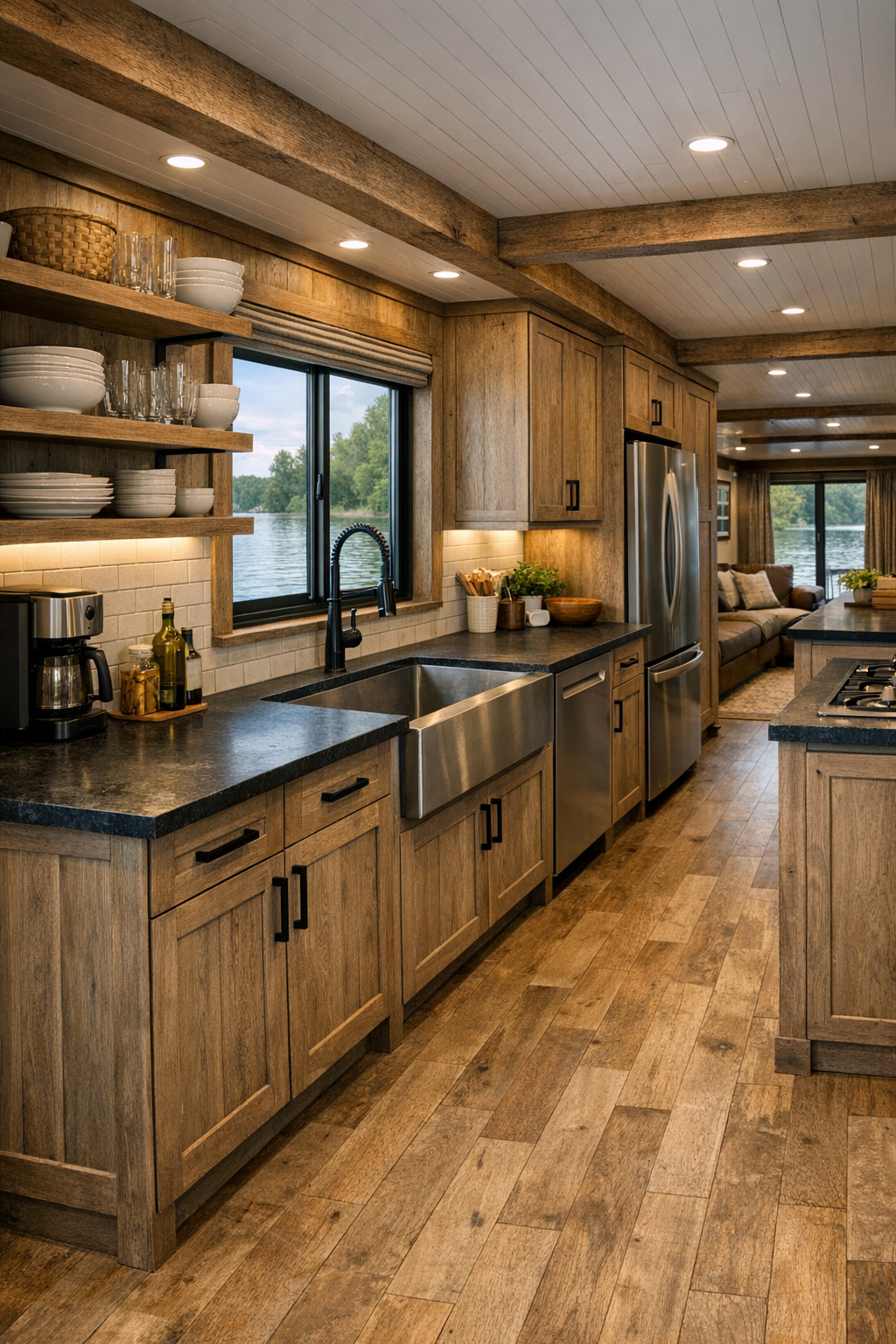 Accessible kitchen with wood cabinetry, dark counters, and soft cream tile backsplash
