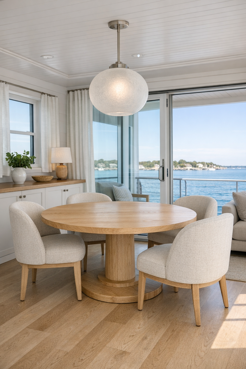 Coastal dining room with round oak table and soft neutral chairs