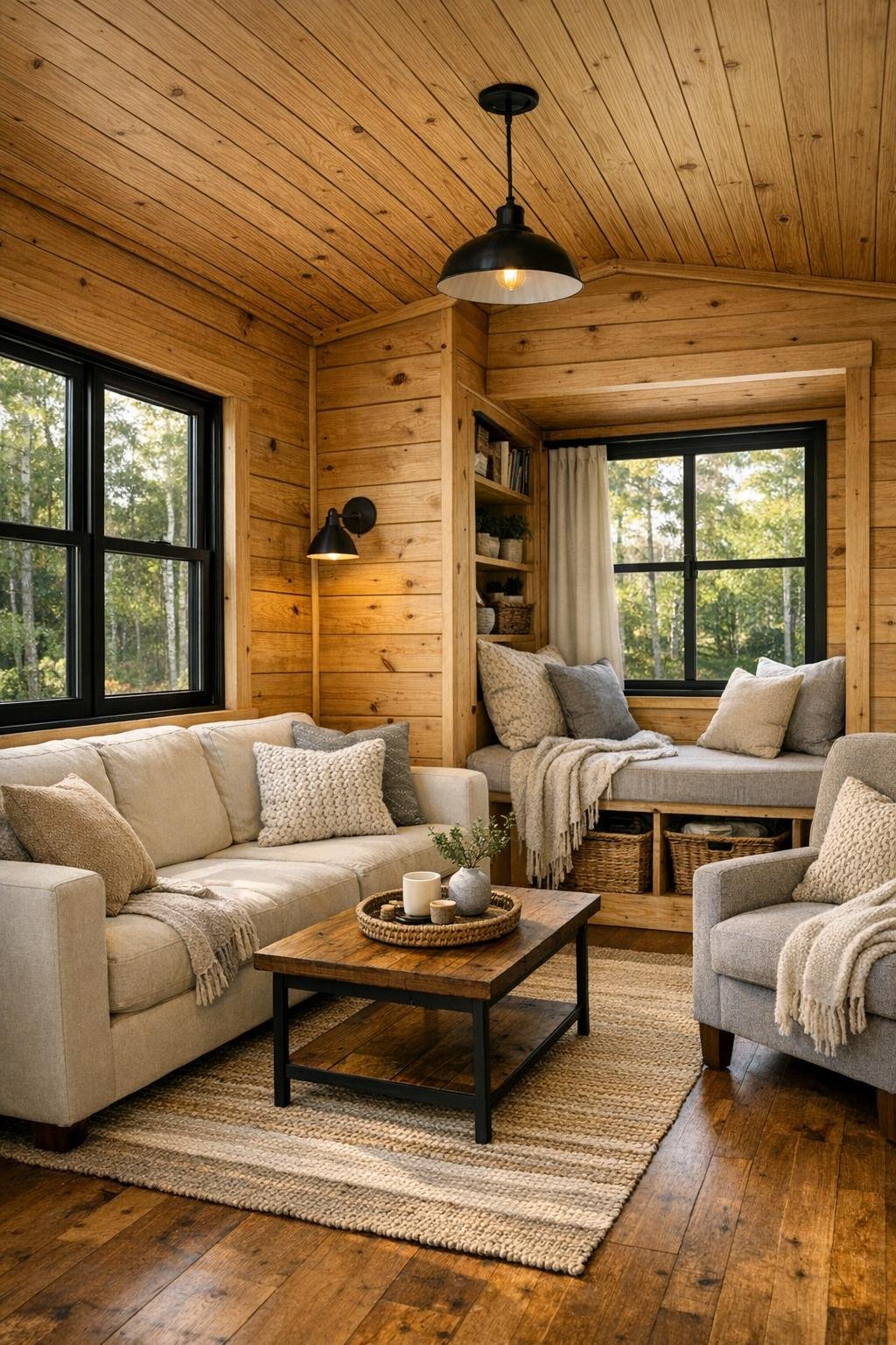 Cozy living room with a reading nook, warm wood finishes, and soft neutral seating