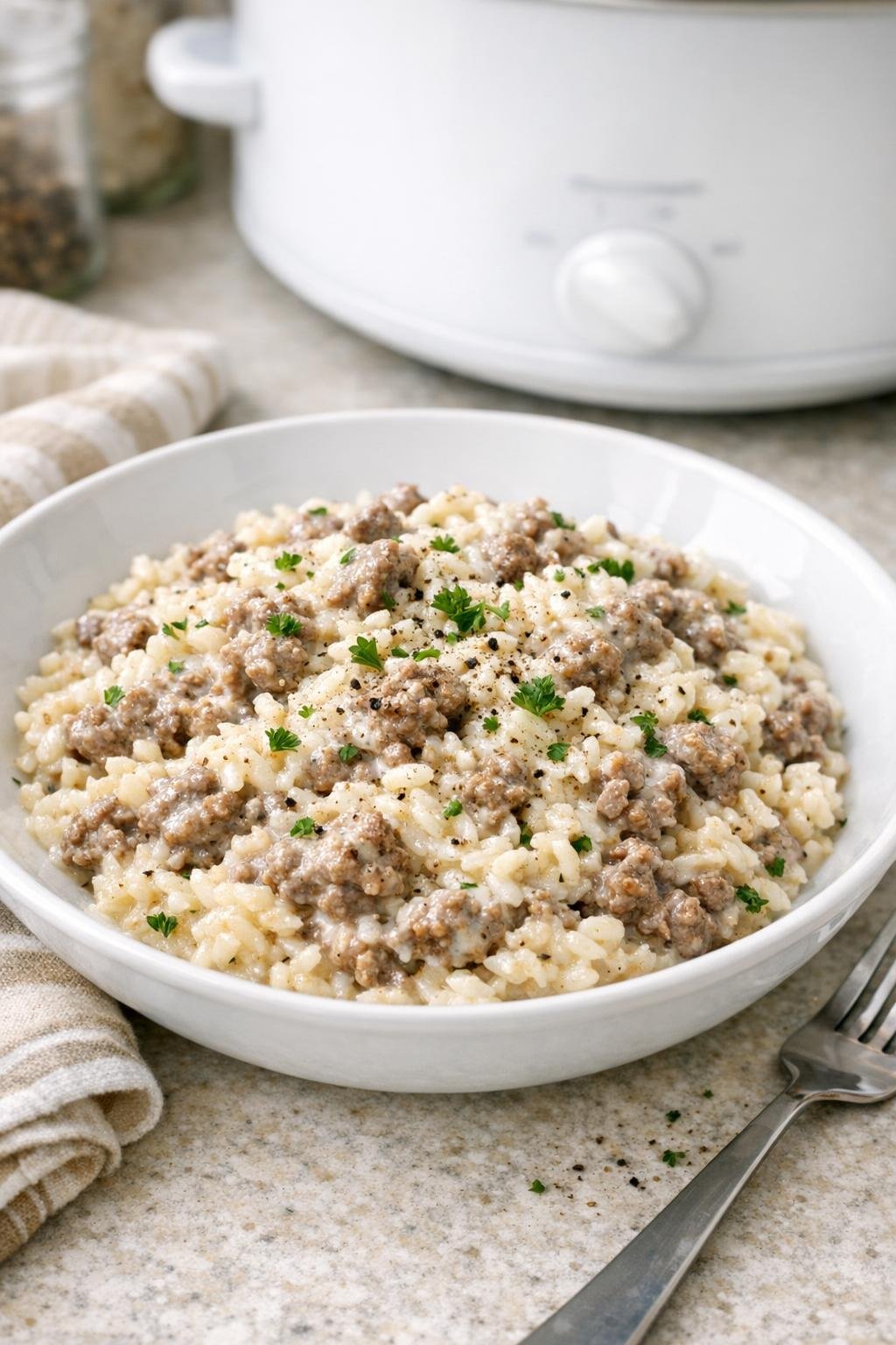 Finished creamy beef and rice plated in a bowl