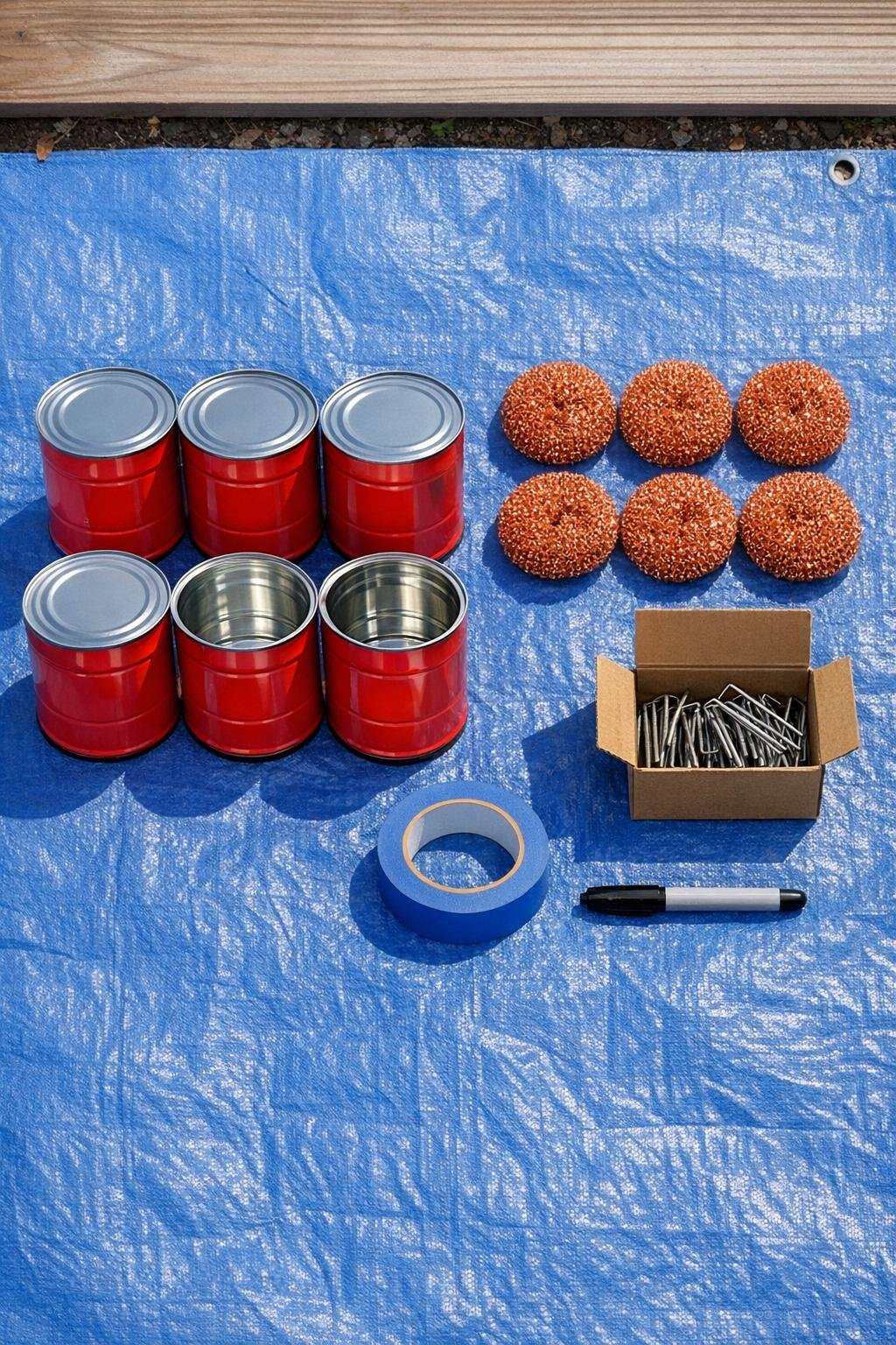 Materials for a DIY slug barrier laid out on a tarp