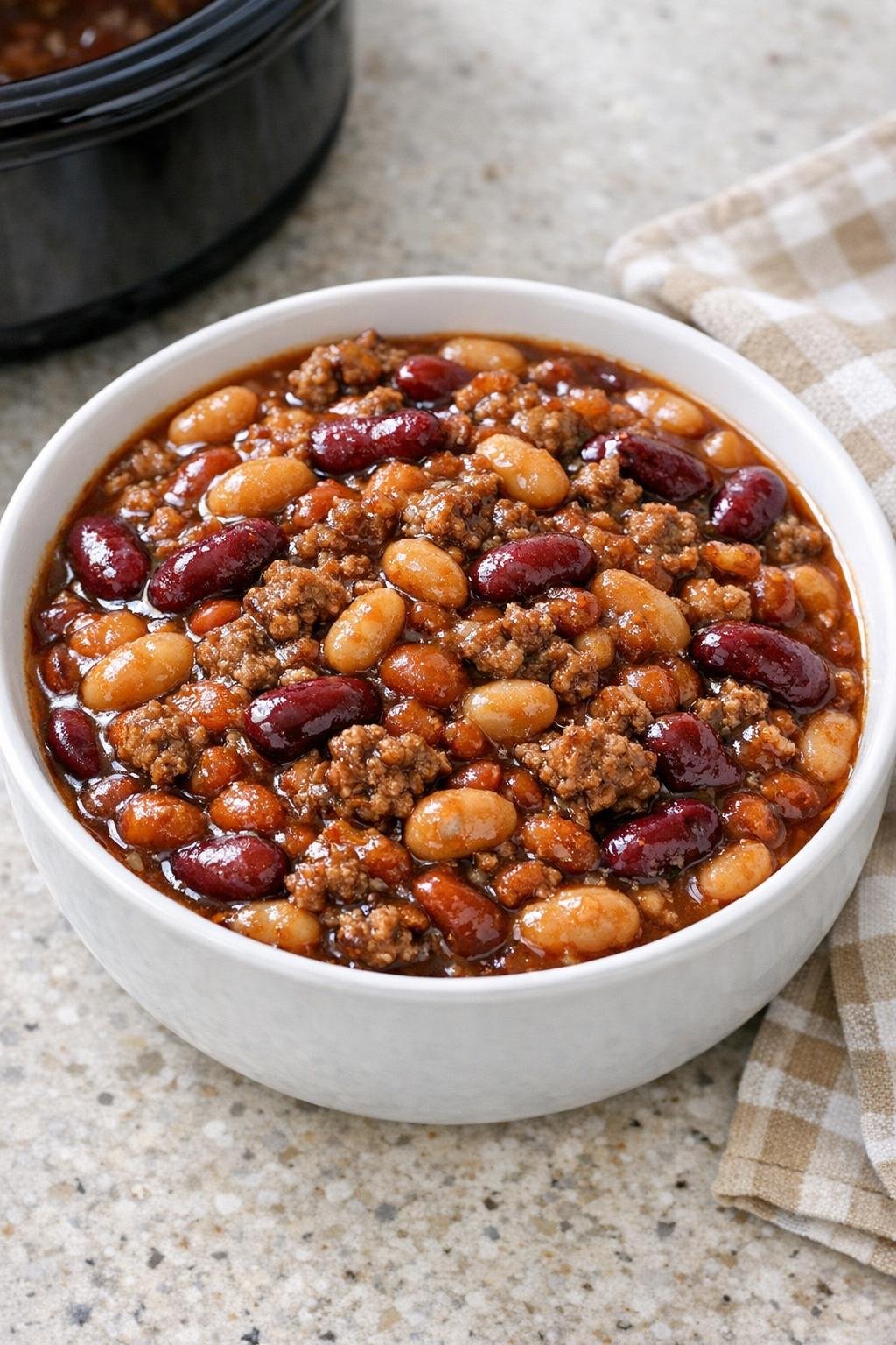 Finished calico beans in a serving bowl