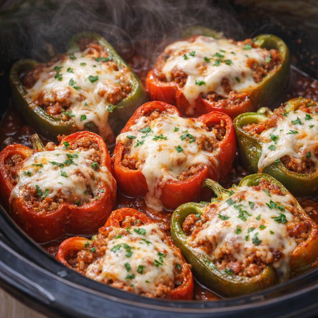 Cooked stuffed peppers topped with melted mozzarella
