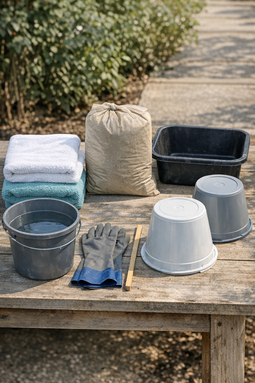 Materials for cement towel patio forms laid out on a work surface