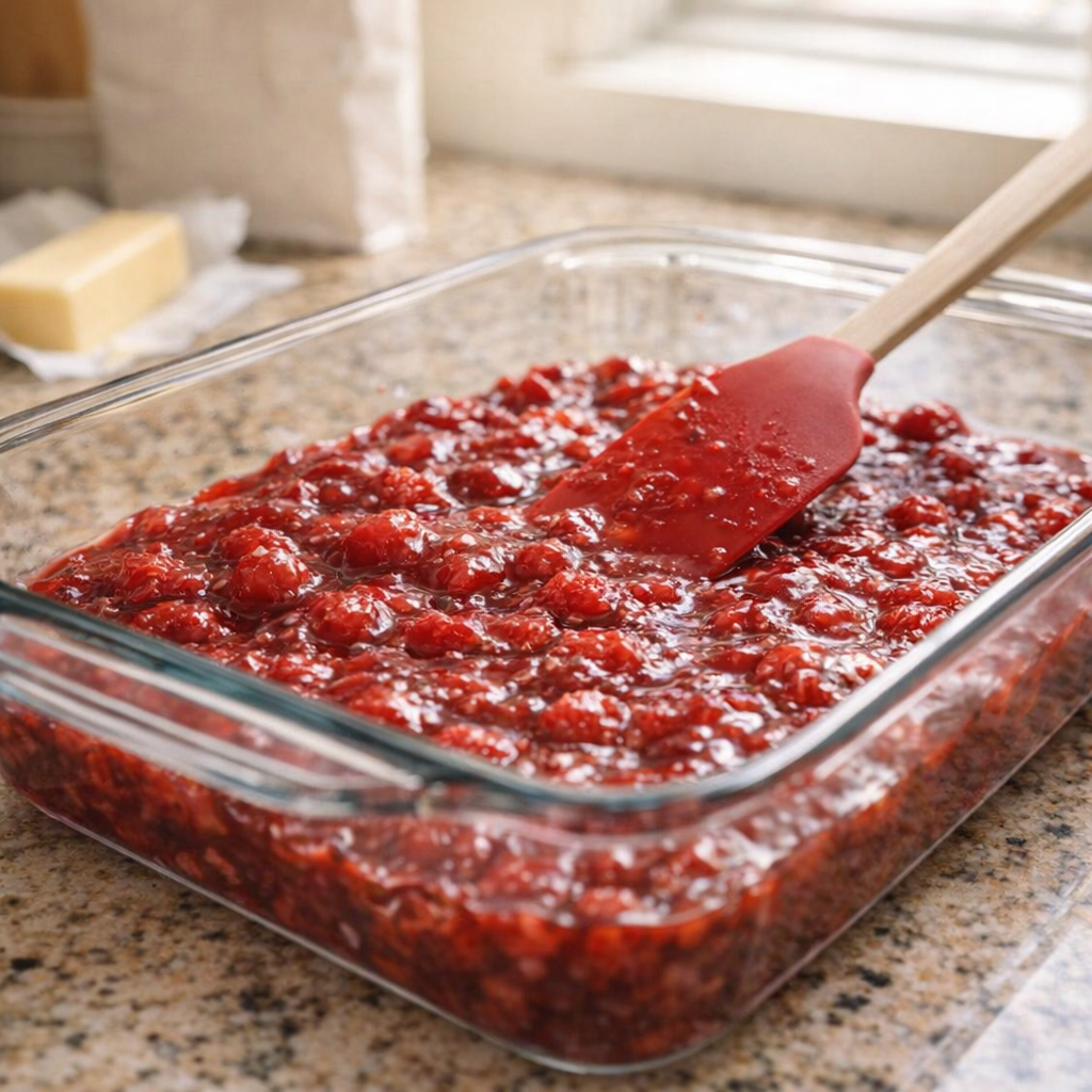 Greased glass baking dish with raspberry filling ready to spread