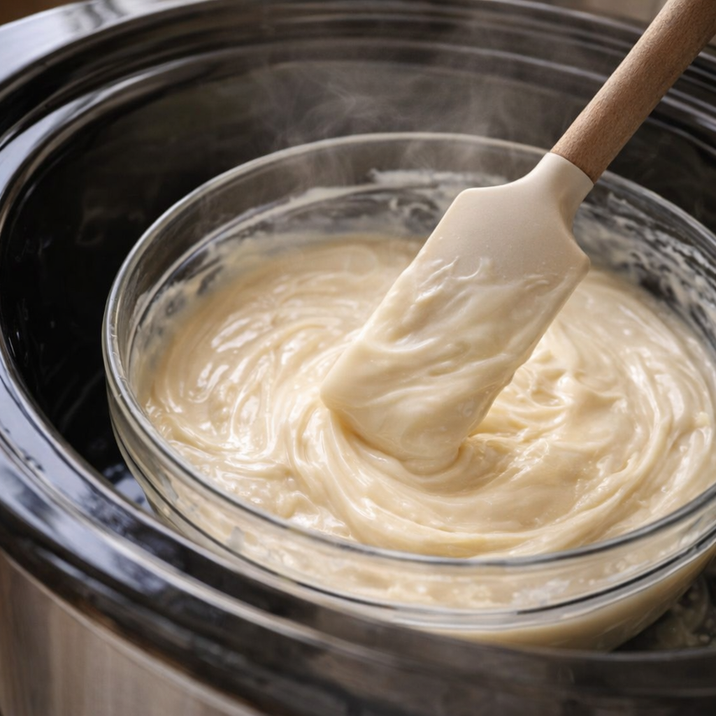 Glossy white chocolate mixture being stirred in a bowl