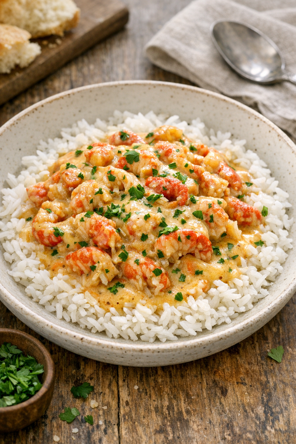 Finished slow cooker crawfish served over rice