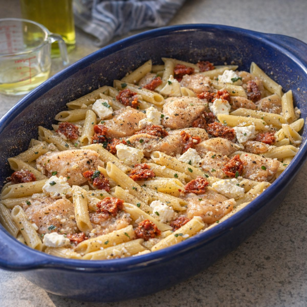 Greased oval baking dish with dry pasta ready for assembly