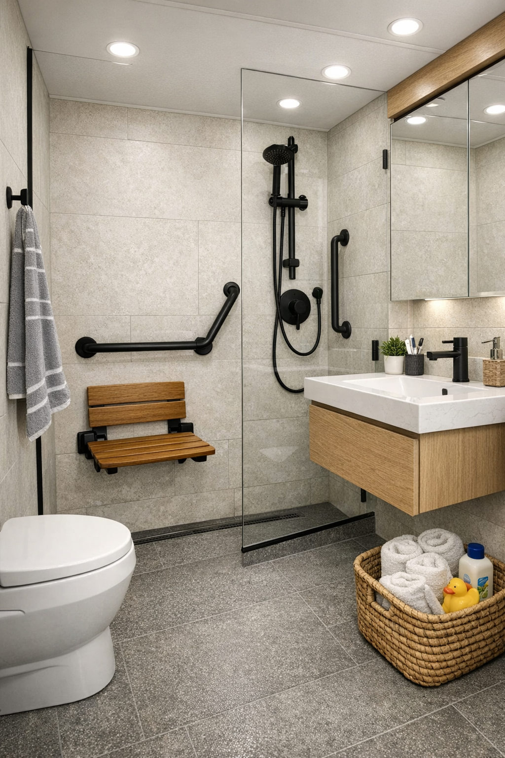 Accessible RV camper bathroom with curbless shower and pale limestone finishes