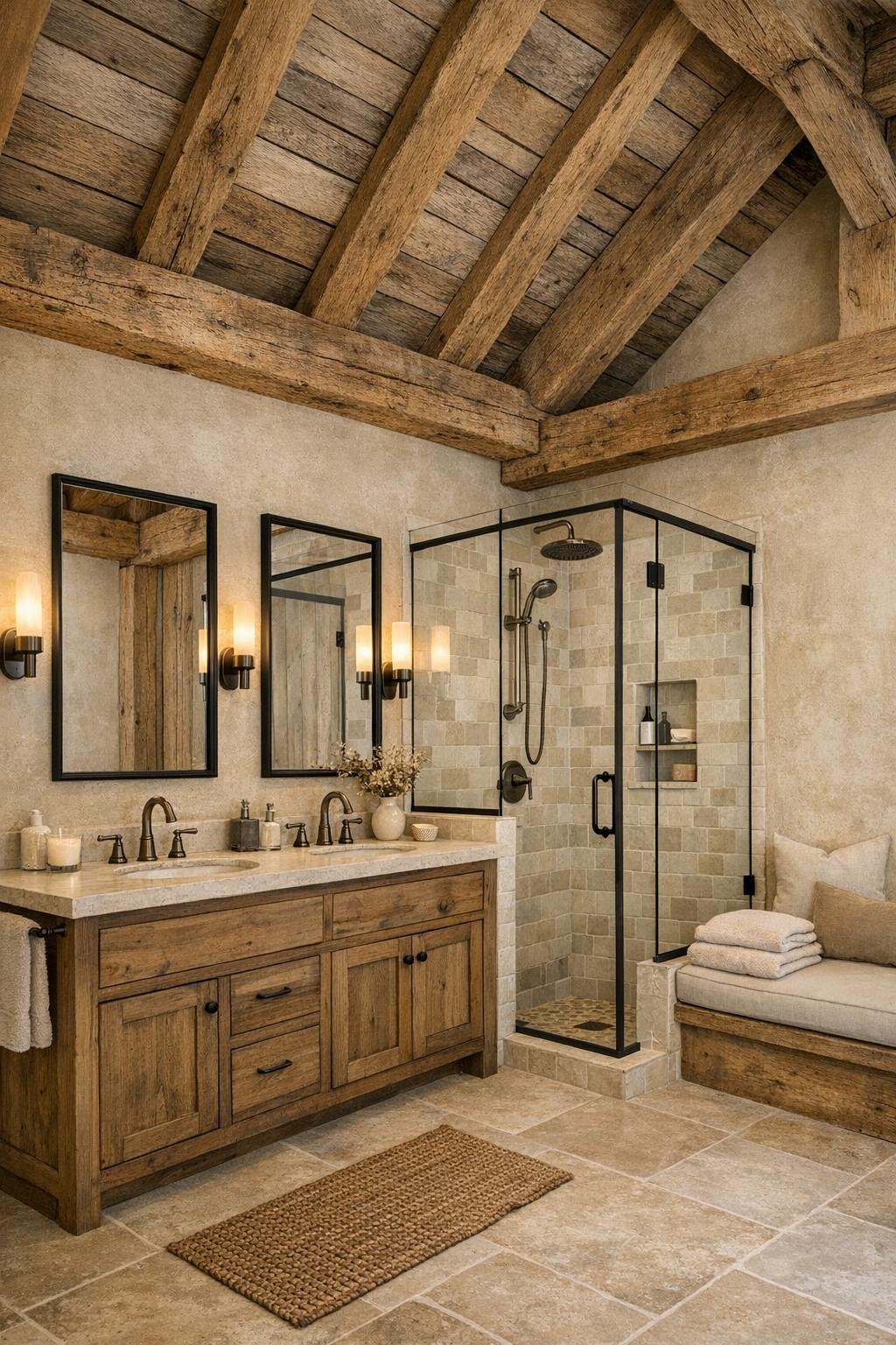 Warm rustic bathroom with a wood vanity, pale stone counters, and a glass shower