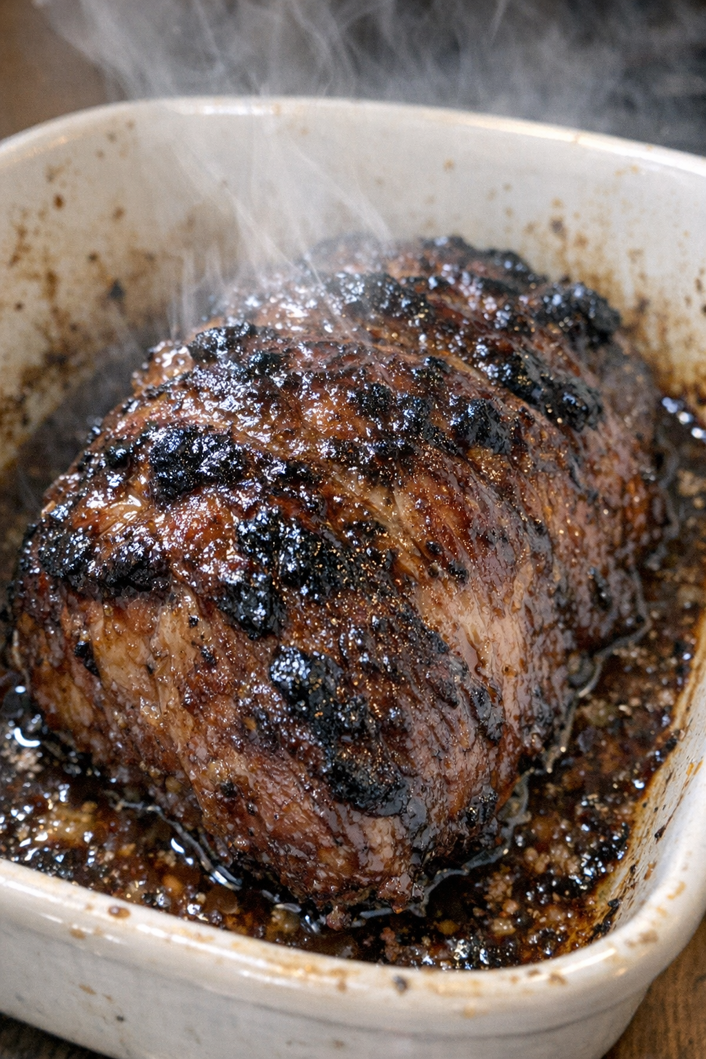 Succulent glistening roast in a ceramic baking dish